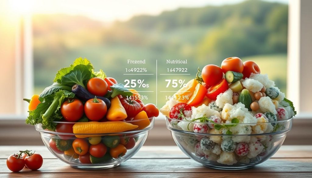 A vibrant, scientifically accurate comparison of fresh and frozen produce. In the foreground, two overflowing bowls - one brimming with crisp, colorful vegetables and the other with their frozen counterparts. Subtle rays of warm light illuminate the scene, casting a natural glow. In the middle ground, a clean, minimalist backdrop showcases the nutritional values of each side-by-side, presented as a detailed infographic. The background features a softly blurred, verdant landscape, hinting at the wholesome origins of the produce. The overall mood is one of informative clarity, highlighting the retained freshness and nutrients in frozen foods.