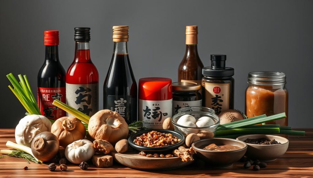 A vibrant still life of soy sauce bottles, miso paste jars, and various umami-rich ingredients artfully arranged on a wooden table. Dramatic lighting casts shadows, highlighting the rich colors and textures - the glossy sheen of the soy sauce, the earthy tones of the miso, the irregular shapes of mushrooms, scallions, and other savory elements. The composition is carefully balanced, drawing the eye to the center where the key ingredients are featured. A sense of depth is created through the layering of objects, conveying the complexity and depth of flavor in these essential umami-boosting pantry staples. The overall mood is one of culinary abundance and the promise of deeply satisfying, umami-forward dishes.