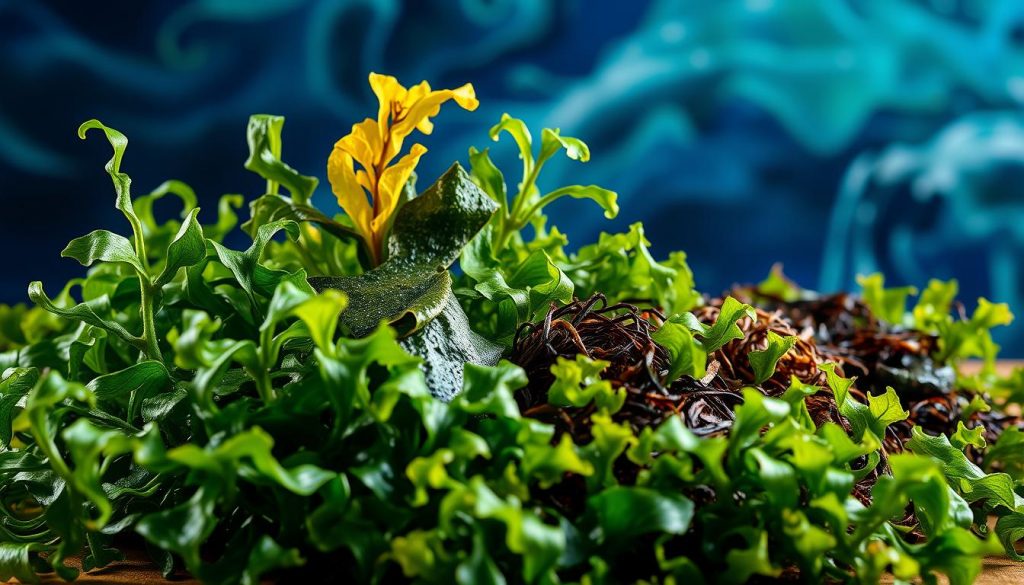 A vibrant still life showcasing the umami power of seaweed. In the foreground, a cluster of lush, undulating kelp fronds in rich shades of emerald and forest green. Floating amidst them, glistening nori sheets and delicate sea lettuce, their textures catching the warm, diffused light. In the middle ground, a scattering of dried wakame and hijiki, their deep earthy tones contrasting with the verdant seaweed. The background bathes in an explosion of saturated blues and greens, evoking the boundless depths of the ocean. Shot with a wide-angle lens to capture the full lush abundance, the scene radiates the natural savor and depth of flavor that seaweed brings to any dish.