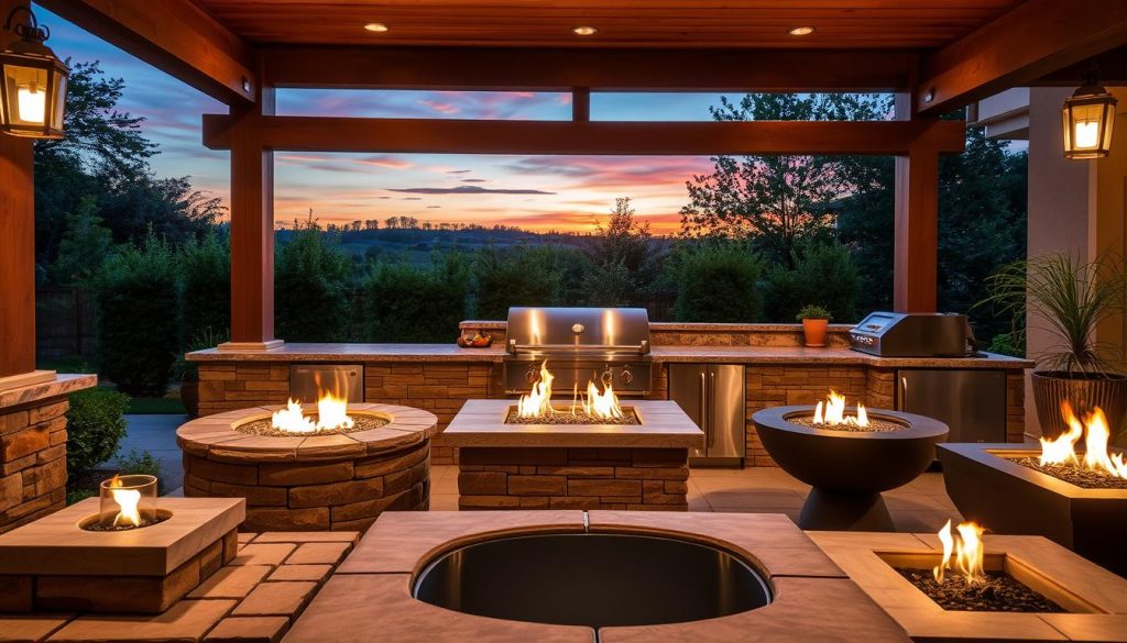 A vibrant, well-lit outdoor kitchen showcasing an array of expertly crafted fire pit materials. In the foreground, an assortment of natural stone, textured brick, and sleek metal fire pit options are displayed, casting a warm, inviting glow. The middle ground features lush, verdant greenery and a stylishly designed outdoor cooking space, while the background is illuminated by a stunning sunset, creating a breathtaking atmosphere. The image captures the perfect balance of functionality, aesthetics, and attention to detail, inspiring readers to seamlessly integrate a fire pit into their own outdoor kitchen design.