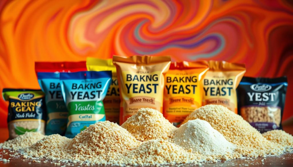 A visually striking display of different types of baking yeast, showcased against a vibrant, swirling backdrop of warm, saturated colors. In the foreground, an assortment of yeast packages and sachets, each with distinct branding and packaging, arranged in an aesthetically pleasing composition. The middle ground features close-up, detailed views of the various yeast varieties, their granular textures and subtle differences in color and tone clearly visible. The background is a mesmerizing blend of dynamic, flowing hues, creating a sense of energy and movement that enhances the overall visual impact. Captured with a sharp, high-resolution lens and carefully considered lighting to accentuate the textural and visual qualities of the yeast samples.