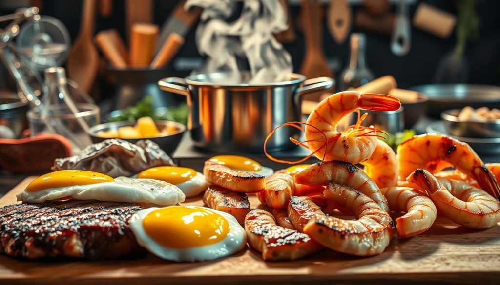 A visually striking scene of culinary protein applications, showcasing a diverse array of textures and preparations. In the foreground, a selection of proteins - seared steak, poached eggs, and grilled shrimp - arranged artfully on a wooden cutting board. Mid-ground, a simmering pot of broth or sauce, steam rising in delicate wisps. In the background, various cooking implements and utensils, casting dynamic shadows and reflections under warm, focused lighting. The overall mood is one of dynamic movement and a celebration of the transformative power of protein in the culinary arts, with vibrant, saturated colors throughout.