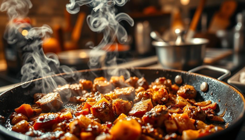A visually striking scene of the Maillard reaction in progress. In the foreground, a sizzling pan filled with browning meat, vegetables, and spices. Wisps of steam rise from the surface, hinting at the interplay of temperature and moisture. The middle ground showcases a kaleidoscope of vibrant, swirling colors - shades of amber, caramel, and golden brown. In the background, a blurred kitchen environment, with glimpses of cooking appliances and utensils, conveying a sense of culinary artistry. The lighting is warm and dramatic, casting a cozy, inviting atmosphere. Captured with a wide-angle lens to emphasize the dynamic, multi-layered nature of the Maillard reaction in action. A visually striking scene of the Maillard reaction in progress. In the foreground, a sizzling pan filled with browning meat, vegetables, and spices. Wisps of steam rise from the surface, hinting at the interplay of temperature and moisture. The middle ground showcases a kaleidoscope of vibrant, swirling colors - shades of amber, caramel, and golden brown. In the background, a blurred kitchen environment, with glimpses of cooking appliances and utensils, conveying a sense of culinary artistry. The lighting is warm and dramatic, casting a cozy, inviting atmosphere. Captured with a wide-angle lens to emphasize the dynamic, multi-layered nature of the Maillard reaction in action.