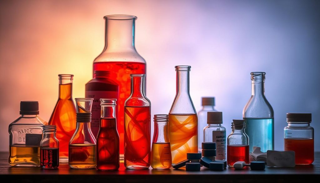 A visually striking still life showcasing the essential components for a DIY lava lamp experiment. In the foreground, an assortment of clear glass containers, including a large beaker and smaller vials, filled with vibrant, swirling liquids in shades of red, orange, and yellow. Surrounding them, various household items like cooking oil, food coloring, and effervescent tablets. In the middle ground, the lighting is soft and diffused, casting a warm, dreamlike glow. The background is blurred, keeping the focus on the mesmerizing display of liquids and materials. The overall atmosphere evokes a sense of curiosity and experimentation, inviting the viewer to dive into the kitchen lava lamp project.