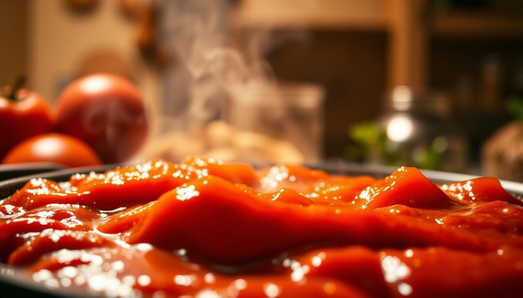 A vividly vibrant close-up of a thick, glossy tomato concentrate in the foreground, its deep red hues exploding with rich, umami-packed flavor. In the middle ground, the concentrate bubbles and simmers, emitting a mouthwatering aroma. The background is a softly blurred, warm-toned kitchen scene, with hints of herbs and spices surrounding the concentrated tomato essence. Dramatic side lighting casts dramatic shadows, accentuating the viscous, glistening texture of the tomato concentrate. The overall mood is one of intensity, depth, and the promise of profound umami goodness.