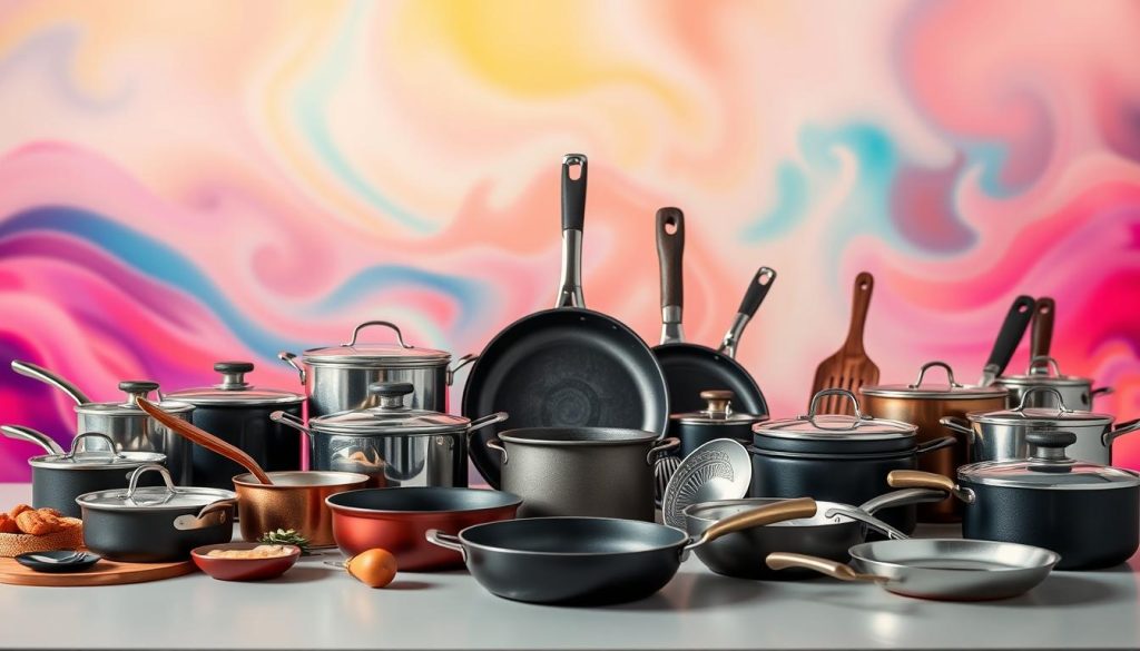 A well-curated selection of diverse cookware against a vibrant, gradient-filled backdrop. In the foreground, various pots, pans, and utensils in a range of materials and sizes are arranged artfully, showcasing their unique heat responsiveness and suitability for different cooking styles. The middle ground features a sleek, minimalist kitchen counter or table, providing a clean and modern setting. In the background, a softly blurred, abstract landscape of swirling, vibrant colors creates a sense of depth and atmosphere, complementing the cookware's visual appeal. Subtle, directional lighting casts warm, subtle shadows, highlighting the tactile quality of the cookware. The overall composition conveys a sense of thoughtful curation, guiding the viewer towards the optimal cookware selection for their culinary needs.