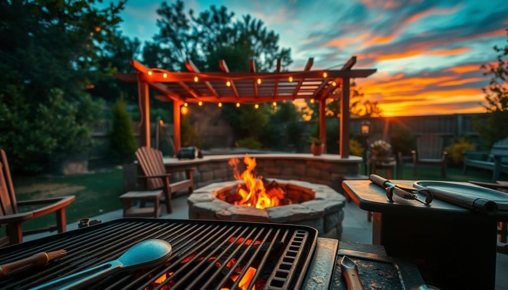 A well-designed fire pit surrounded by a rustic outdoor kitchen setup. In the foreground, a grill grate rests above a crackling fire, with various cooking accessories like tongs and basting brushes nearby. The middle ground features a sturdy stone fire pit, its flames casting a warm, inviting glow. In the background, a wooden pergola adorned with string lights creates a cozy ambiance, while lush greenery and a vibrant sunset sky provide a natural backdrop. The scene is bathed in a rich, vivid color palette, with the fire's flickering light playing across the surfaces. A wide-angle lens captures this intimate, cooking-centric outdoor living space in an artful, cinematic manner.