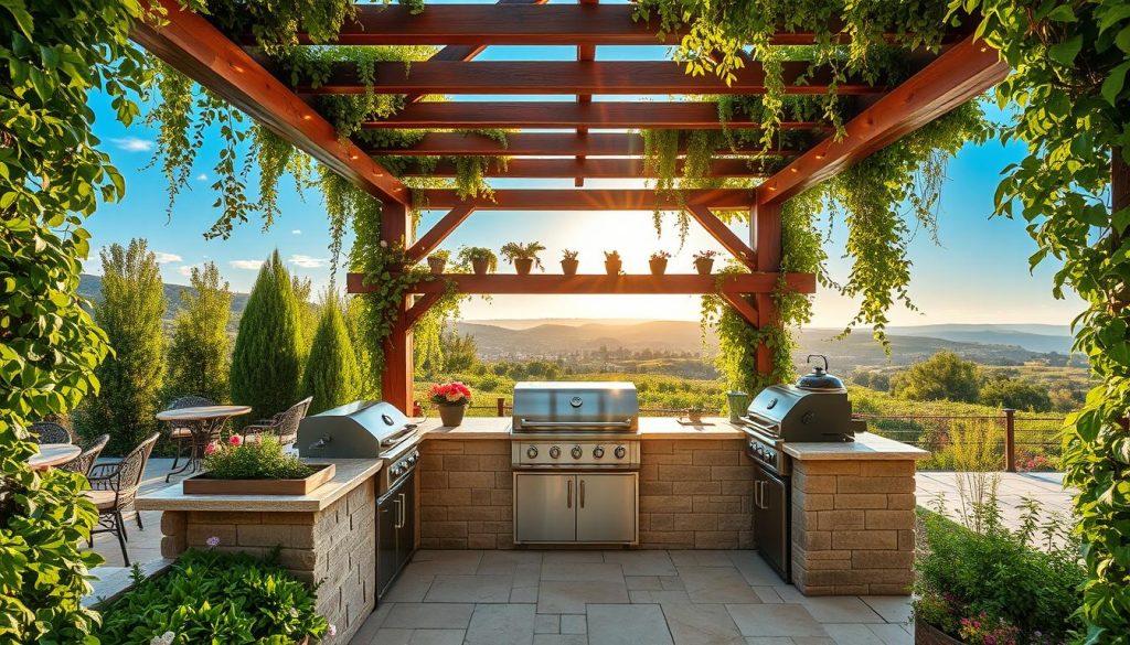 A well-designed outdoor kitchen nestled within a lush, verdant pergola. The foreground showcases a beautifully crafted stone island with a gleaming stainless steel grill and smoker, surrounded by an abundance of fresh herbs and vibrant flowers. The middle ground features a stylish wooden pergola structure, its beams adorned with cascading vines and string lights, casting a warm, inviting glow. In the background, a scenic vista of rolling hills and a brilliant azure sky, accentuated by the sun's vibrant rays. The overall atmosphere exudes a sense of rustic elegance, with a touch of industrial flair, creating a captivating and inspirational outdoor kitchen design.