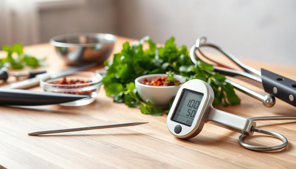 A well-lit close-up shot of a clean, wooden table surface with an assortment of professional food preparation tools arranged neatly. In the foreground, a digital food thermometer sits prominently, its sleek metallic body gleaming. Surrounding it are various utensils such as a sharp knife, a pair of tongs, and a small bowl filled with a vibrant blend of spices. The middle ground features an assortment of fresh herbs, their green leaves contrasting beautifully with the warm wood tones. In the background, a soft, hazy light filters in, creating a cozy, inviting atmosphere that evokes a sense of culinary expertise and attention to detail. A well-lit close-up shot of a clean, wooden table surface with an assortment of professional food preparation tools arranged neatly. In the foreground, a digital food thermometer sits prominently, its sleek metallic body gleaming. Surrounding it are various utensils such as a sharp knife, a pair of tongs, and a small bowl filled with a vibrant blend of spices. The middle ground features an assortment of fresh herbs, their green leaves contrasting beautifully with the warm wood tones. In the background, a soft, hazy light filters in, creating a cozy, inviting atmosphere that evokes a sense of culinary expertise and attention to detail.