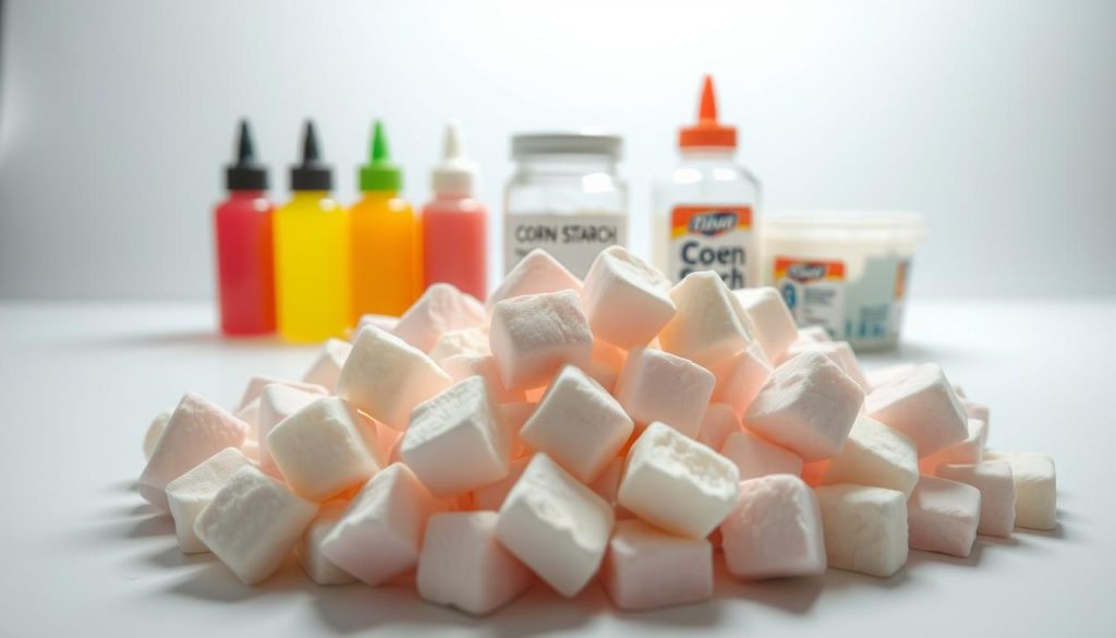 A well-lit, close-up shot of an assortment of ingredients for making marshmallow slime. In the foreground, a pile of soft, fluffy marshmallows in various pastel hues. In the middle ground, colorful bottles of food coloring, a jar of corn starch, and a container of glue. In the background, a neutral, clean surface, perhaps a countertop or table, creating a minimalist, studio-like setting. The lighting is bright and diffused, showcasing the vibrant, almost iridescent colors of the materials. The overall mood is one of experimentation and creativity, inviting the viewer to imagine the endless possibilities of homemade marshmallow slime.