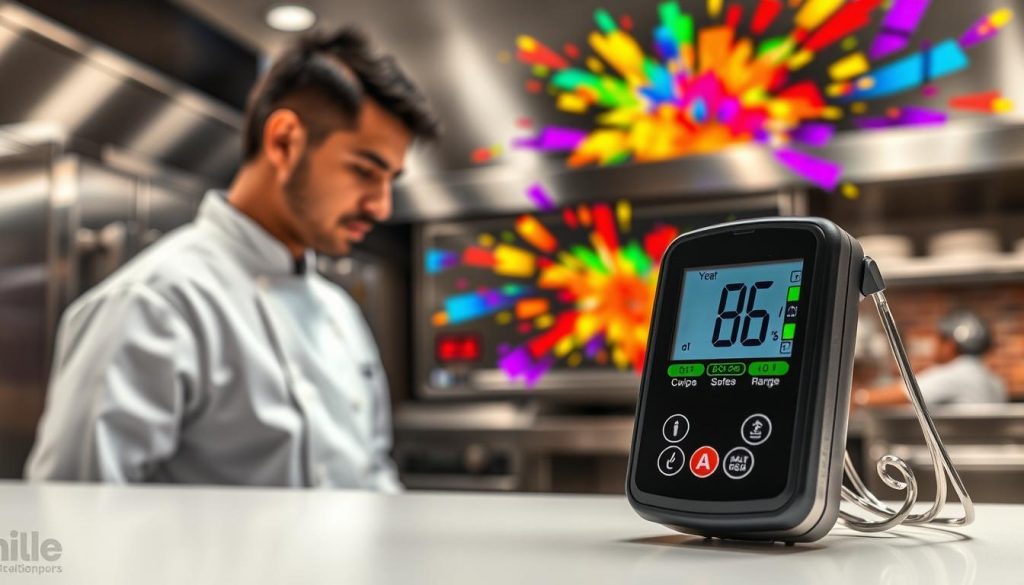 A well-lit commercial kitchen with gleaming stainless steel appliances and a digital food thermometer prominently displayed on a crisp white counter. The thermometer shows a temperature reading within the optimal food safety range, surrounded by colorful icons and labels indicating compliance with industry standards. In the foreground, a chef wearing a pristine white uniform carefully monitors the readout, their expression conveying a sense of diligence and attention to detail. The background features a vibrant explosion of colors, suggesting the energy and dynamism of a professional culinary environment committed to the highest levels of food safety. A well-lit commercial kitchen with gleaming stainless steel appliances and a digital food thermometer prominently displayed on a crisp white counter. The thermometer shows a temperature reading within the optimal food safety range, surrounded by colorful icons and labels indicating compliance with industry standards. In the foreground, a chef wearing a pristine white uniform carefully monitors the readout, their expression conveying a sense of diligence and attention to detail. The background features a vibrant explosion of colors, suggesting the energy and dynamism of a professional culinary environment committed to the highest levels of food safety.