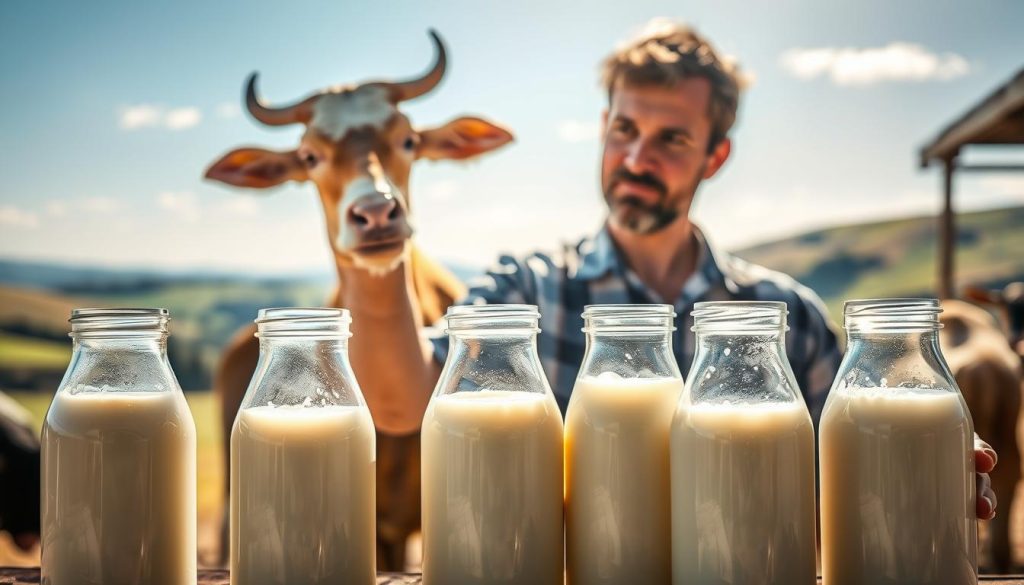 A well-lit dairy farm setting, a knowledgeable farmer examining various milk samples under natural daylight. Foreground features several glass jars filled with fresh cow, goat, and sheep milk, their textures and colors meticulously depicted. Farmer in the middle ground carefully inspects the milk, evaluating its quality, density, and purity. Soft, rolling hills and a picturesque countryside landscape form the tranquil background. Vibrant, saturated hues convey the serene, pastoral atmosphere of a cheesemaking operation. Emphasis on the thoughtful, scientific process of selecting the ideal milk for crafting artisanal cheeses.