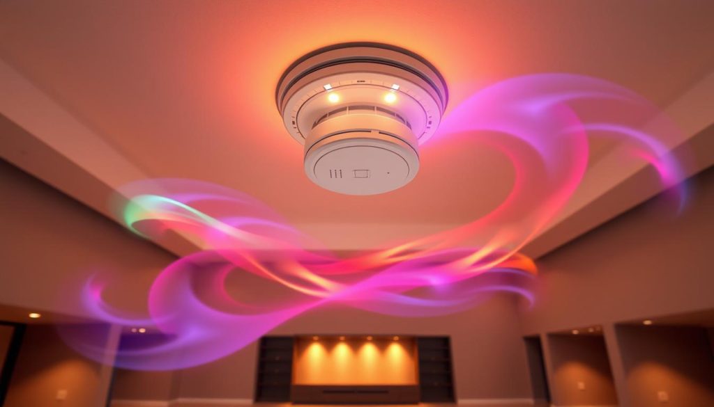 A well-lit, expansive interior room with high ceilings, showcasing the optimal placement of a smoke alarm. The device is mounted on the ceiling, centered in the frame, with a clear view of its sensors and indicator lights. Soft, warm illumination casts a gentle glow, emphasizing the alarm's sleek, modern design. The room's walls and floors are rendered in muted, earthy tones, creating a sense of calm and safety. Vibrant, moving colors dance around the smoke alarm, highlighting its importance and functionality within the space. The overall scene conveys a sense of thoughtful consideration for fire safety and home protection.