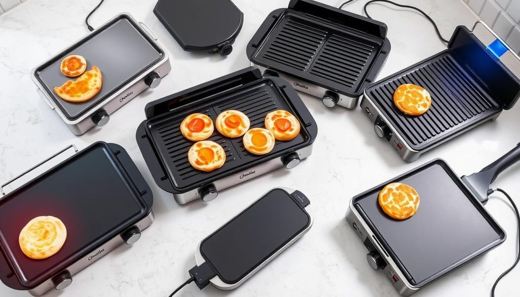 A well-lit, high-angle shot of an assortment of top-rated electric griddles, showcasing their sleek, modern designs and key features. The griddles are arranged on a clean, minimalist surface, highlighted by vibrant, animated color overlays that draw the viewer's attention to their essential controls, cooking surfaces, and other functional details. The griddles are presented in a way that emphasizes their versatility, durability, and ease of use, conveying the ideal kitchen appliance for passionate breakfast lovers.