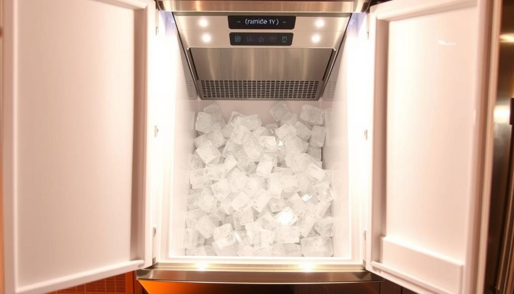 A well-lit, high-angle view of an open ice maker cabinet, its interior showcasing a spacious storage compartment capable of holding an abundance of ice cubes. The sleek, stainless steel exterior reflects the warm kitchen lighting, while the transparent ice bin allows for a clear display of the ice-making capacity. The scene conveys a sense of efficiency and modern design, perfectly suited to illustrate the storage capacity considerations for a kitchen ice maker.