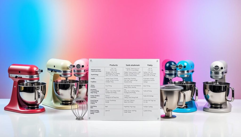 A well-lit, high-quality studio photograph of a diverse array of stand mixers arranged on a clean, minimalist white tabletop. The mixers are positioned in the foreground, showcasing their sleek designs, variety of colors, and distinctive features like paddle attachments and tilting heads. The middle ground offers a crisp, informative product comparison, with key specifications and capabilities for each mixer. The background is filled with a vibrant, dynamic gradient of complementary hues, adding depth and a sense of movement to the composition. The overall mood is one of authority, professionalism, and a deep understanding of the subject matter, perfectly suited to illustrate a comprehensive stand mixer buying guide.