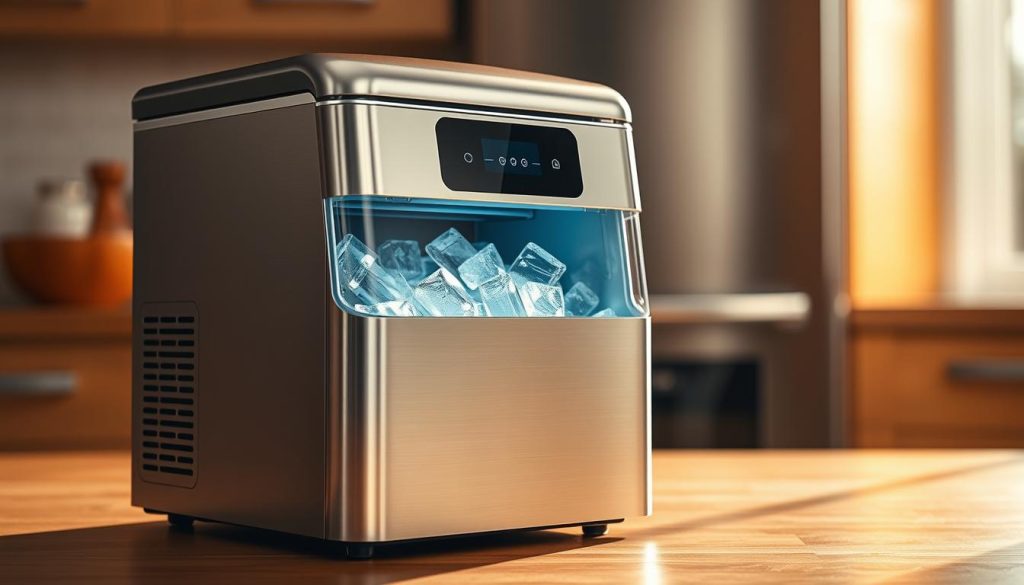 A well-lit, high-quality studio photograph of an ice maker showcasing its key features. The ice maker is positioned in the foreground, with the background blurred to focus attention on the device. Crisp, detailed textures highlight the stainless steel exterior, transparent ice bin, and control panel. Warm, directional lighting casts shadows that accentuate the streamlined design. The image conveys a sense of modern, high-end kitchen appliances, inviting the viewer to closely examine the ice maker's capabilities and thoughtful engineering.