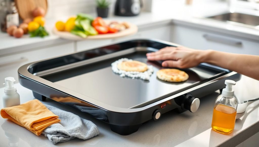 A well-lit, high-resolution image of an electric griddle on a clean, modern kitchen counter. The griddle is shiny and pristine, with a sleek, minimalist design. In the foreground, a selection of cleaning tools and accessories, such as a soft cloth, stiff-bristle brush, and mild detergent, are neatly arranged. The middle ground features a hand gently wiping down the griddle's surface, demonstrating the proper cleaning technique. The background showcases a vibrant, colorful array of fresh breakfast ingredients, hinting at the griddle's versatility. The overall scene conveys a sense of care, attention to detail, and a commitment to maintaining the griddle's optimal performance and longevity.