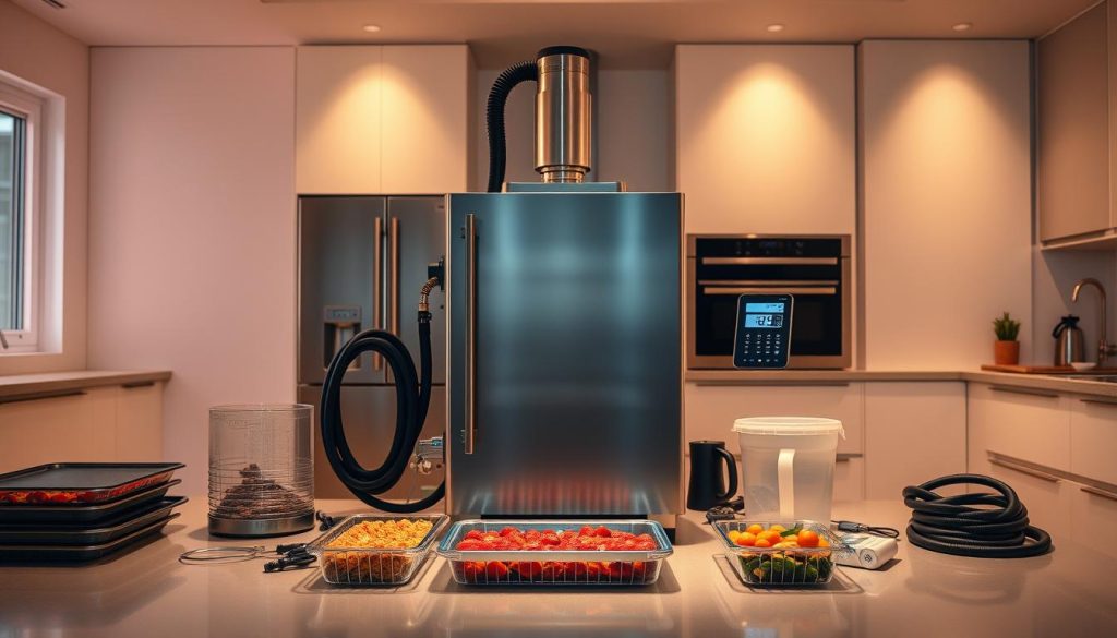 A well-lit home freeze dryer setup, standing proud in a spacious, modern kitchen. The stainless steel appliance takes center stage, its sleek design and digital controls hinting at the advanced technology within. Surrounding it, a tidy arrangement of accessories - trays, vacuum hoses, and a control panel, all meticulously organized for efficiency. Soft, warm lighting bathes the scene, creating a sense of tranquility and precision. The overall atmosphere is one of innovation and a dedication to preserving the essence of fresh, wholesome foods. Vibrant, moving colors accentuate the high-tech nature of the setup, while maintaining a clean, minimalist aesthetic. A well-lit home freeze dryer setup, standing proud in a spacious, modern kitchen. The stainless steel appliance takes center stage, its sleek design and digital controls hinting at the advanced technology within. Surrounding it, a tidy arrangement of accessories - trays, vacuum hoses, and a control panel, all meticulously organized for efficiency. Soft, warm lighting bathes the scene, creating a sense of tranquility and precision. The overall atmosphere is one of innovation and a dedication to preserving the essence of fresh, wholesome foods. Vibrant, moving colors accentuate the high-tech nature of the setup, while maintaining a clean, minimalist aesthetic.