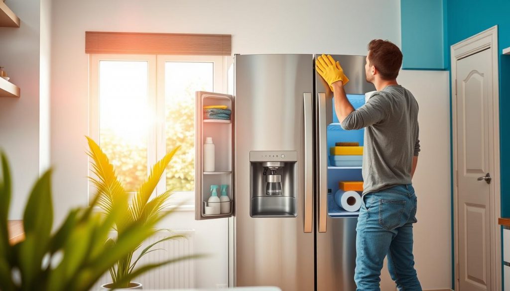 A well-lit, immaculate kitchen interior with a sleek, energy-efficient refrigerator at the center. In the foreground, a person in casual clothes carefully wiping down the refrigerator's exterior with a microfiber cloth, their movements deliberate and attentive. The middle ground features open cabinet doors, revealing neatly organized cleaning supplies - a spray bottle, a sponge, and a roll of paper towels. The background showcases vibrant, exploding colors - a vibrant green plant, a bright blue accent wall, and warm, golden lighting filtering through the windows, creating a harmonious, eco-friendly atmosphere. A well-lit, immaculate kitchen interior with a sleek, energy-efficient refrigerator at the center. In the foreground, a person in casual clothes carefully wiping down the refrigerator's exterior with a microfiber cloth, their movements deliberate and attentive. The middle ground features open cabinet doors, revealing neatly organized cleaning supplies - a spray bottle, a sponge, and a roll of paper towels. The background showcases vibrant, exploding colors - a vibrant green plant, a bright blue accent wall, and warm, golden lighting filtering through the windows, creating a harmonious, eco-friendly atmosphere.