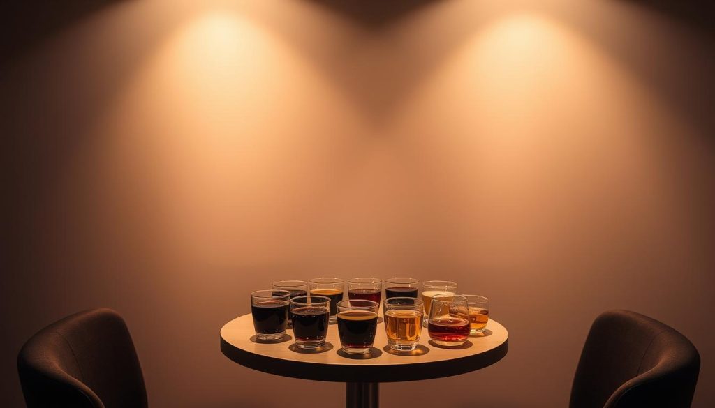 A well-lit, intimate setting showcases a tastefully arranged blind taste test setup. In the foreground, a small round table holds an array of unlabeled samples, inviting participants to engage their senses. Soft, diffused lighting from above casts a warm, contemplative glow, creating an atmosphere of focused exploration. The middle ground features a neutral background, allowing the tasting experience to take center stage. Subtle shadows and highlights lend depth and dimension, while vibrant, moving colors imbue the scene with a dynamic, sensory-driven energy. The overall composition suggests a carefully curated, immersive sensory experiment, primed for insightful discoveries. A well-lit, intimate setting showcases a tastefully arranged blind taste test setup. In the foreground, a small round table holds an array of unlabeled samples, inviting participants to engage their senses. Soft, diffused lighting from above casts a warm, contemplative glow, creating an atmosphere of focused exploration. The middle ground features a neutral background, allowing the tasting experience to take center stage. Subtle shadows and highlights lend depth and dimension, while vibrant, moving colors imbue the scene with a dynamic, sensory-driven energy. The overall composition suggests a carefully curated, immersive sensory experiment, primed for insightful discoveries.
