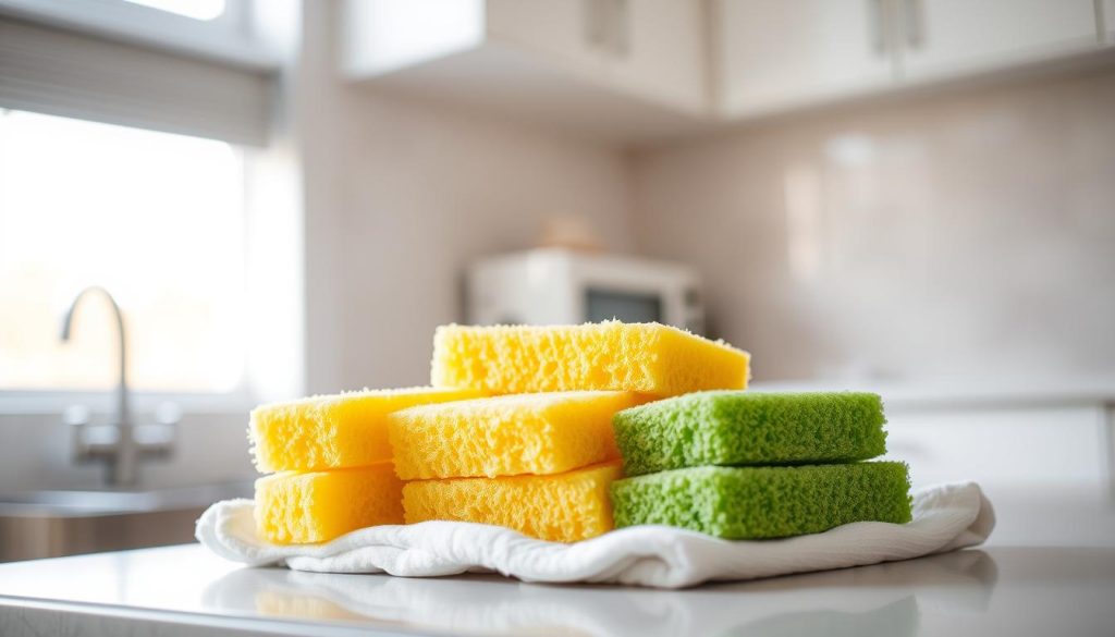 A well-lit kitchen counter with a collection of damp sponges arranged in various drying positions. The sponges, in shades of yellow and green, are placed on a white towel, allowing air to circulate and moisture to evaporate. Beams of warm, diffused light from a nearby window create a soft, inviting atmosphere, highlighting the textures and colors of the sponges. The scene conveys a sense of order and attention to proper sponge maintenance, with a focus on the importance of thorough drying to prevent odors and bacterial growth.
