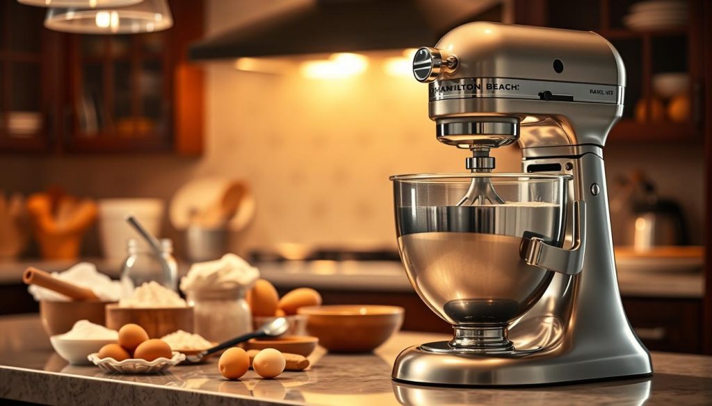 A well-lit kitchen counter with a gleaming Hamilton Beach 6-Qt Stand Mixer in the foreground, its stainless steel body and polished chrome accents catching the light. The mixer's powerful motor is whirring, kneading dough or whipping cream in a large glass bowl. The middle ground features a selection of baking ingredients - flour, sugar, eggs, and various utensils - arranged neatly around the mixer. The background is blurred, hinting at a cozy, inviting kitchen space with vibrant, warm lighting that casts a soft glow over the scene. The overall mood is one of productive efficiency and culinary mastery.