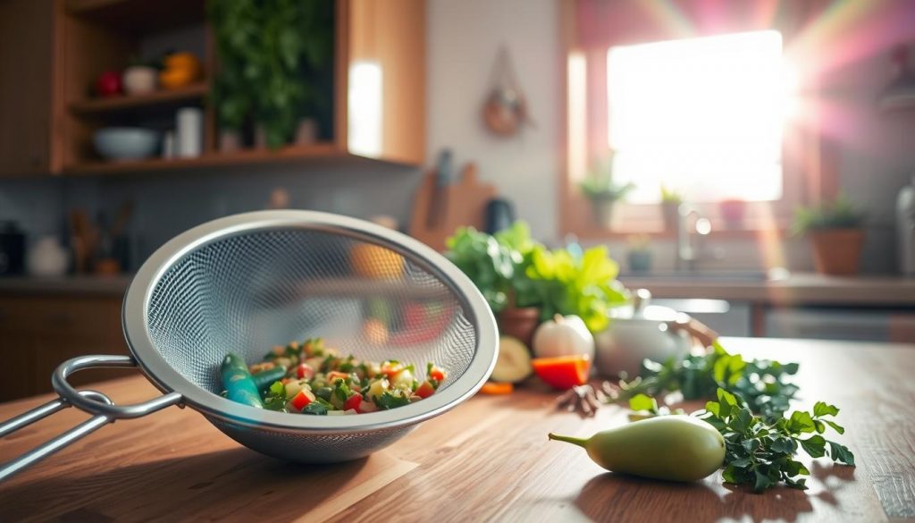 A well-lit kitchen counter with a large metal mesh strainer in the foreground, showcasing proper soup straining techniques. In the middle ground, a variety of fresh vegetables, herbs, and aromatic spices are arranged, hinting at the rich flavors of the homemade soup base. The background features a bright, sun-drenched window, casting a warm, vibrant glow over the scene, as if the soup base is about to be strained in a celebratory moment. The overall atmosphere is one of culinary expertise, attention to detail, and the joy of creating a nourishing, homemade soup.