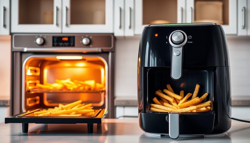 A well-lit kitchen counter with an oven and an air fryer side-by-side, showcasing the differences in reheating methods for French fries. The oven, with its warm, golden glow, represents traditional reheating, while the air fryer, with its sleek, modern design, symbolizes a more efficient and crisper alternative. The fries in each appliance are sizzling and emanating vibrant, moving colors, highlighting the contrasting textures and results. The scene exudes a sense of culinary exploration, inviting the viewer to compare the two methods and discover the best way to reheat their fries.