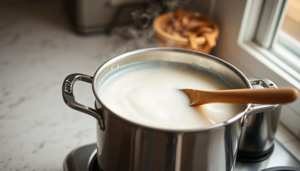 A well-lit kitchen countertop, a stainless steel saucepan filled with gently simmering milk, steam gently rising. The milk's surface ripples as a wooden spoon is carefully swirled, maintaining an even temperature. Soft, diffused light from a nearby window casts a warm glow, highlighting the creamy, off-white liquid. The scene exudes a sense of care and attention, perfectly capturing the process of heating milk for homemade yogurt, a crucial step in the fermentation journey.