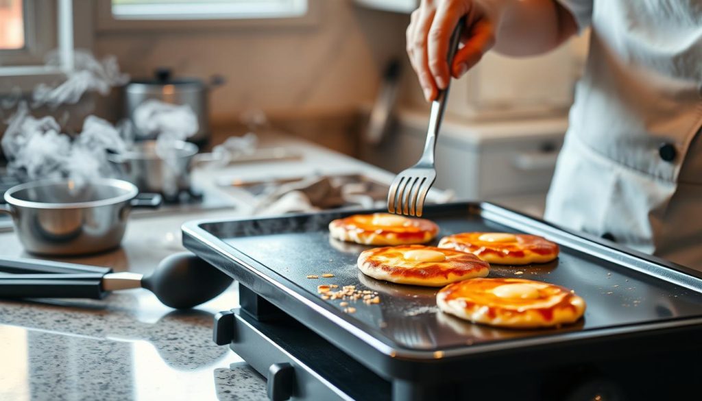 A well-lit kitchen countertop, an electric griddle sizzling with golden-brown pancakes, spatulas and tongs in the foreground, steam rising in the middle ground, and the cook's hands expertly flipping and garnishing the breakfast fare, all bathed in a warm, vibrant glow of moving colors that capture the energy and efficiency of using an electric griddle.