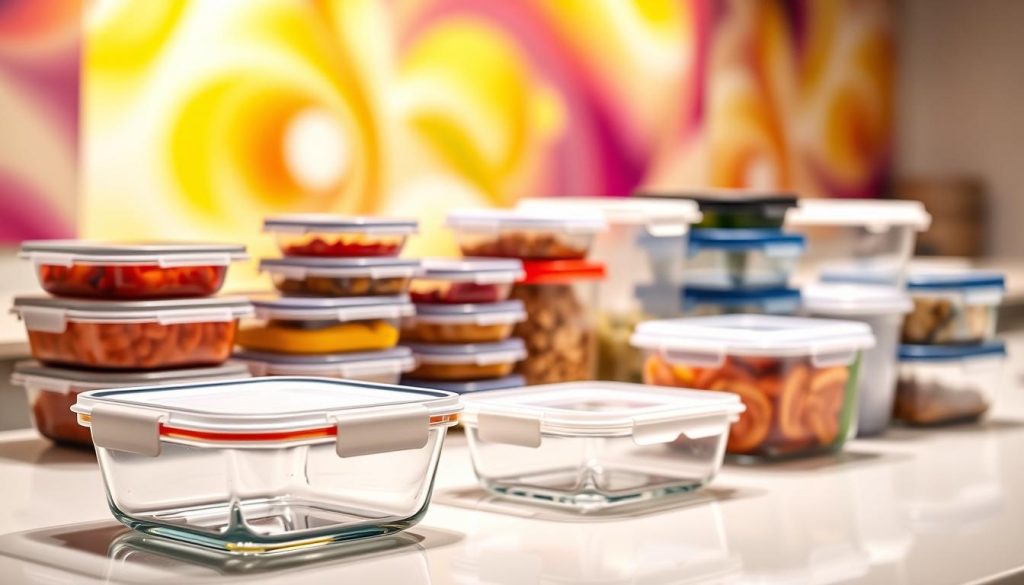 A well-lit kitchen countertop showcases an assortment of modern, sleek food storage containers. In the foreground, a set of square glass containers with airtight silicone lids stand pristine, their transparent surfaces reflecting the warm lighting. In the middle ground, a collection of round and rectangular plastic containers in a variety of sizes and colors are neatly arranged, their lids securely fastened. The background features a blend of vibrant, moving colors, creating a visually appealing and dynamic atmosphere that complements the pragmatic yet stylish storage solutions.