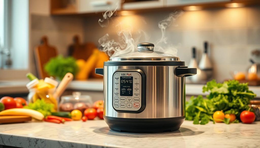 A well-lit kitchen countertop, with a state-of-the-art pressure cooker as the central focus. The stainless steel exterior gleams under warm, soft lighting, casting gentle reflections on the surrounding surfaces. Vibrant steam swirls around the appliance, hinting at the powerful cooking process within. In the background, a range of fresh, colorful ingredients - vegetables, herbs, and spices - are neatly arranged, ready to be transformed by the pressure cooker's efficient heat. The overall atmosphere conveys a sense of culinary mastery and the promise of a delicious, nutritious meal.