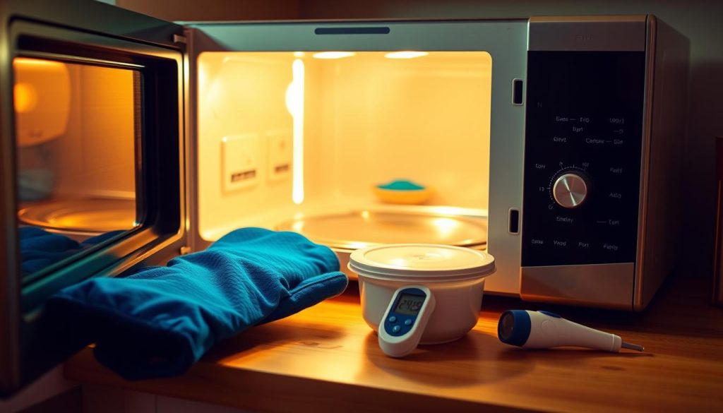 A well-lit kitchen countertop with an open microwave oven, showcasing various safety precautions. On the counter, arranged neatly, are a pair of oven mitts, a microwave-safe container, and a digital thermometer. Vibrant hues of blue, green, and yellow create a lively atmosphere, emphasizing the importance of these safety measures. The scene is captured from a slightly elevated angle, providing a clear view of the microwave's interior and the surrounding items. The lighting is warm and natural, casting subtle shadows that add depth and dimension to the image.