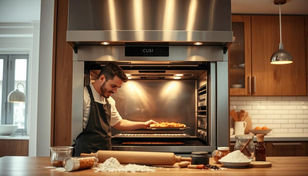 A well-lit kitchen interior showcasing a built-in pizza oven. The oven's exterior is a sleek, stainless steel design, reflecting the warm, indirect lighting above. In the foreground, a chef wearing an apron is carefully inspecting the oven's interior, checking for any signs of wear or buildup. The middle ground features an assortment of pizza-making tools and ingredients, including a rolling pin, flour, and various spices. The background depicts a panoramic view of the kitchen, with pendant lights, subway tile backsplash, and wood cabinetry, creating a cozy, inviting atmosphere. The overall scene conveys a sense of pride and attention to detail in maintaining a built-in pizza oven for optimal performance and longevity.