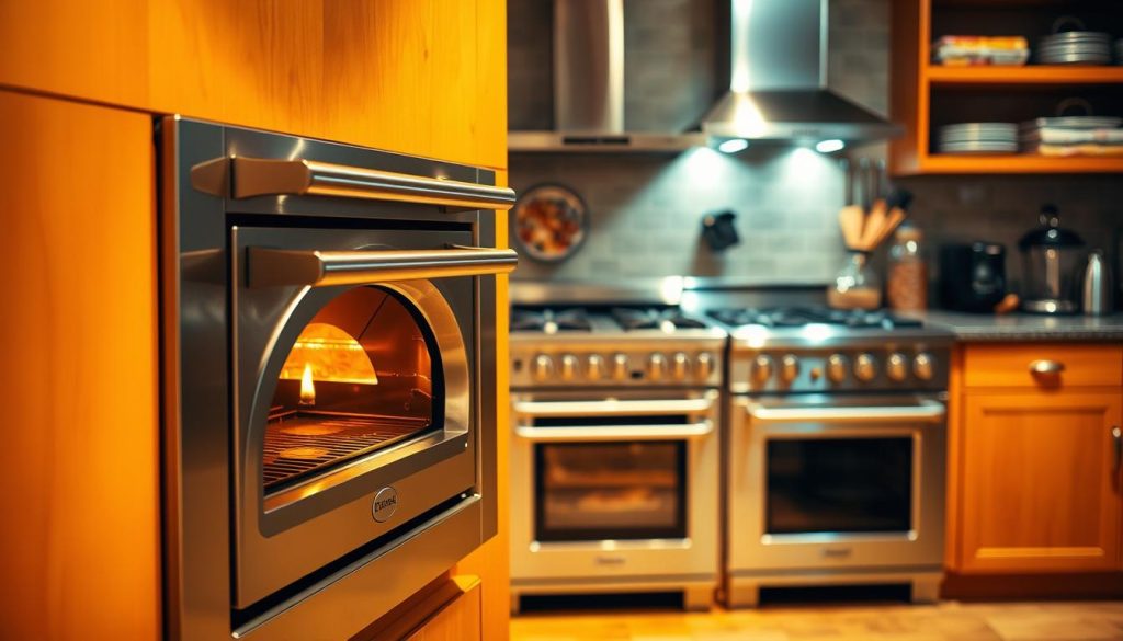 A well-lit kitchen interior with a prominent built-in pizza oven in the foreground, its stainless steel facade gleaming. In the middle ground, a traditional gas oven and range stand in contrast. The background showcases a variety of cooking appliances, creating a dynamic visual comparison. The scene is bathed in warm, vibrant lighting that accentuates the textures and colors of the kitchen elements. The image conveys a sense of culinary expertise and the consideration of modern appliance options for the home chef.