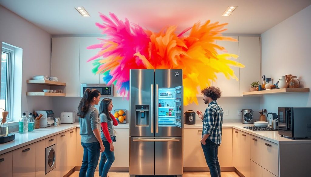 A well-lit, modern kitchen interior with a stainless steel energy-efficient refrigerator as the focal point. In the foreground, a group of people are gathered around the refrigerator, enthusiastically discussing its features and energy-saving performance. The middle ground showcases various kitchen appliances and gadgets, all with sleek, minimalist designs. The background features vibrant, exploding colors that create a dynamic and energetic atmosphere, reflecting the excitement and passion surrounding energy-efficient home appliances. The overall scene conveys a sense of a lively, tech-savvy household where residents prioritize sustainability and cutting-edge, eco-friendly solutions. A well-lit, modern kitchen interior with a stainless steel energy-efficient refrigerator as the focal point. In the foreground, a group of people are gathered around the refrigerator, enthusiastically discussing its features and energy-saving performance. The middle ground showcases various kitchen appliances and gadgets, all with sleek, minimalist designs. The background features vibrant, exploding colors that create a dynamic and energetic atmosphere, reflecting the excitement and passion surrounding energy-efficient home appliances. The overall scene conveys a sense of a lively, tech-savvy household where residents prioritize sustainability and cutting-edge, eco-friendly solutions.