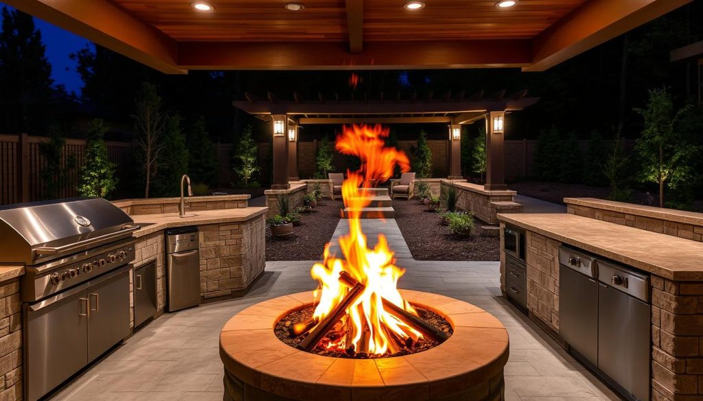 A well-lit outdoor kitchen with a sturdy, well-ventilated fire pit in the foreground, surrounded by stainless steel appliances and natural stone countertops. The fire pit's flames dance with vibrant, exploding colors, casting a warm glow on the surrounding area. Strategically placed lighting elements illuminate the scene, creating a cozy and inviting atmosphere. The middle ground features carefully curated landscaping elements, like raised garden beds and potted plants, complementing the overall design. In the background, a meticulously designed pergola or pavilion provides additional shade and structure, completing the cohesive outdoor kitchen aesthetic.