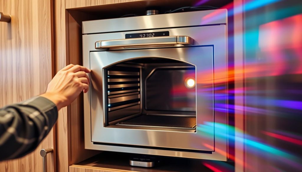 A well-lit, step-by-step installation process for a built-in pizza oven. In the foreground, a contractor's hands carefully aligning the oven unit into the kitchen cabinetry. The middle ground showcases the intricate details of the oven's sleek, stainless steel exterior, with its digital controls and venting system. In the background, vibrant moving colors highlight the necessary electrical and gas connections being made to integrate the oven seamlessly into the kitchen. The scene conveys a sense of precision, craftsmanship, and the exciting transformation of a cooking space.