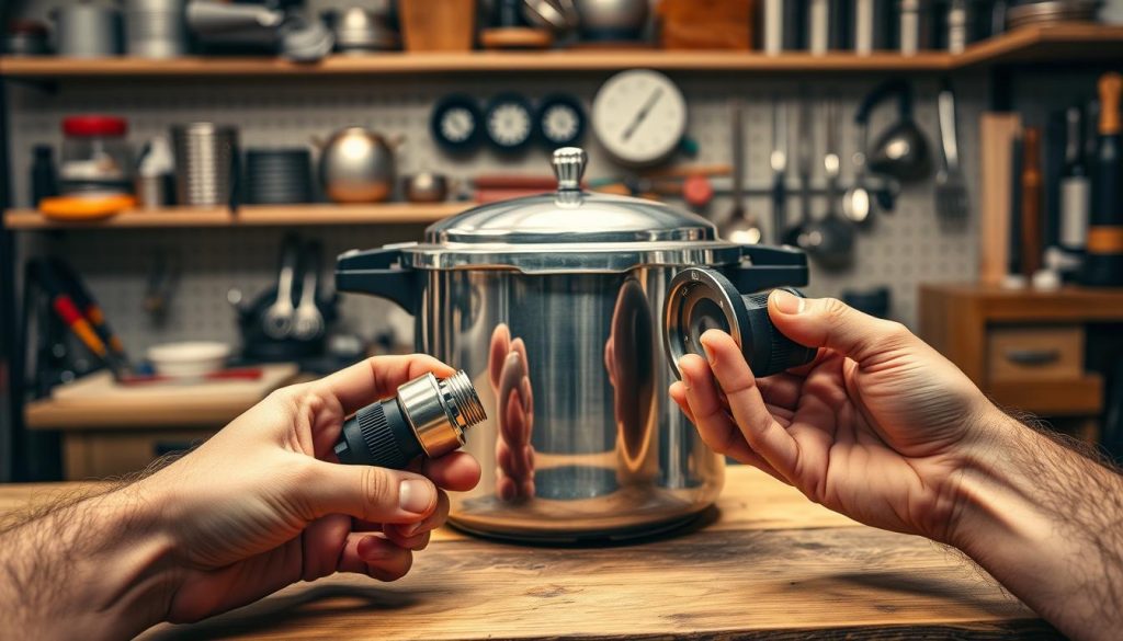 A well-lit workshop setting, with a stainless steel pressure cooker prominently displayed on a sturdy wooden workbench. The appliance's gleaming surface reflects the warm, focused lighting, drawing the viewer's attention. In the foreground, a pair of strong, experienced hands delicately disassemble the pressure release valve, revealing the intricate inner workings. The background features shelves stocked with an array of pressure cooker accessories, hinting at the depth of knowledge required for proper maintenance. The overall scene conveys a sense of care, attention to detail, and the vibrant energy of a kitchen in motion.
