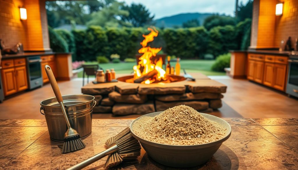 A well-maintained outdoor fire pit in a spacious kitchen area, with flames flickering brightly against a backdrop of warm earthy tones. In the foreground, a metal brush and a bucket of sand sit neatly, indicating the necessary tools for regular cleaning and safety. The middle ground showcases the fire pit's sturdy stone construction, surrounded by a tidy arrangement of cooking utensils and seasonings. The background features a panoramic view of a lush, verdant garden, creating a seamless integration of the indoor and outdoor spaces. Warm, vibrant lighting casts a golden glow, illuminating the entire scene and emphasizing the importance of fire pit safety and maintenance.