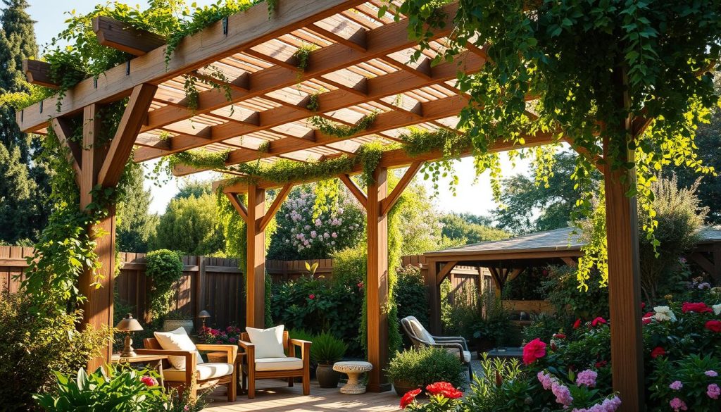 A wind-resistant pergola design in a lush, vibrant garden setting. The sturdy wooden structure stands tall, its angled beams and latticed roof providing ample shade against the sun's rays. Trailing vines and cascading greenery softly adorn the pergola, creating a natural, organic feel. Sunlight filters through the openings, casting a warm, dappled glow on the surrounding landscape. In the foreground, a cozy outdoor seating area invites relaxation, while the background showcases a diverse array of thriving plants and flowers, their colors bursting with vitality. This climate-adaptive design seamlessly blends form and function, offering a beautiful and practical solution for creating shaded outdoor spaces.