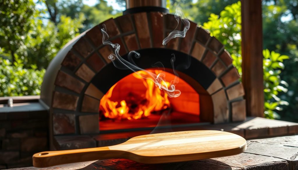 A wood-fired pizza oven nestled in a rustic, sun-dappled outdoor kitchen. The oven's fiery interior glows through the open door, casting warm hues across the surrounding stone and brick surfaces. Tendrils of fragrant smoke curl upward, catching the gentle breeze. In the foreground, a wooden pizza peel waits, ready to retrieve the bubbling, charred crust of a freshly baked pie. In the background, lush greenery frames the scene, creating a tranquil, al fresco atmosphere. Crisp, high-contrast lighting accentuates the oven's utilitarian yet elegant design, inviting the viewer to imagine the sights, sounds, and aromas of wood-fired pizza making.