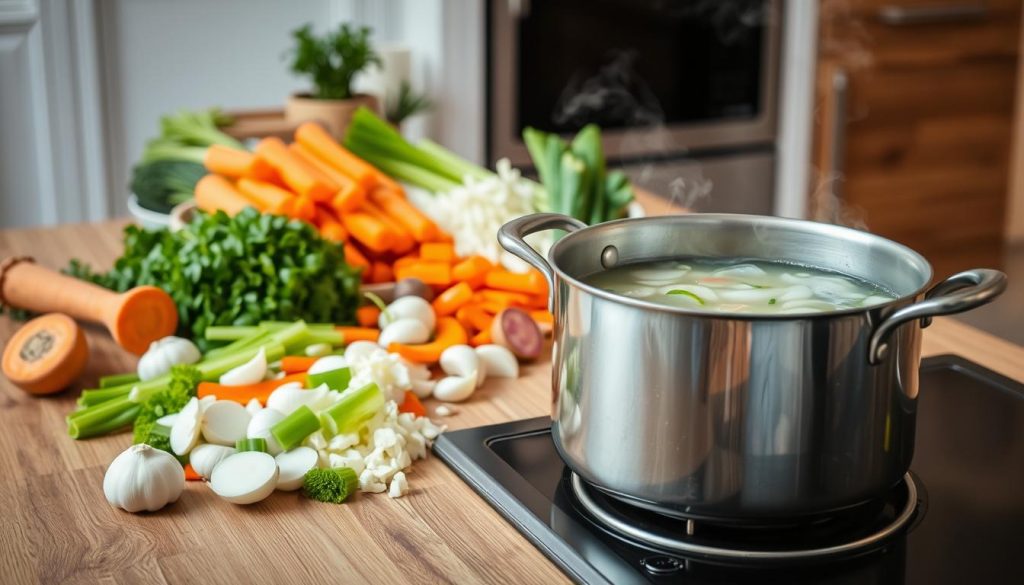 A wooden table with a variety of freshly chopped vegetables - carrots, onions, celery, and garlic - arranged in a visually appealing composition. Soft, diffused lighting illuminates the scene, highlighting the vibrant colors and textures of the produce. In the foreground, a large pot simmers on a stove, steam gently rising, with the chopped vegetables ready to be added, creating a sense of anticipation for the simmering process. The background features a clean, minimalist kitchen setting, allowing the focus to remain on the preparation of the vegetable stock. The overall mood is one of culinary enthusiasm and the promise of a flavorful, homemade soup base. A wooden table with a variety of freshly chopped vegetables - carrots, onions, celery, and garlic - arranged in a visually appealing composition. Soft, diffused lighting illuminates the scene, highlighting the vibrant colors and textures of the produce. In the foreground, a large pot simmers on a stove, steam gently rising, with the chopped vegetables ready to be added, creating a sense of anticipation for the simmering process. The background features a clean, minimalist kitchen setting, allowing the focus to remain on the preparation of the vegetable stock. The overall mood is one of culinary enthusiasm and the promise of a flavorful, homemade soup base.