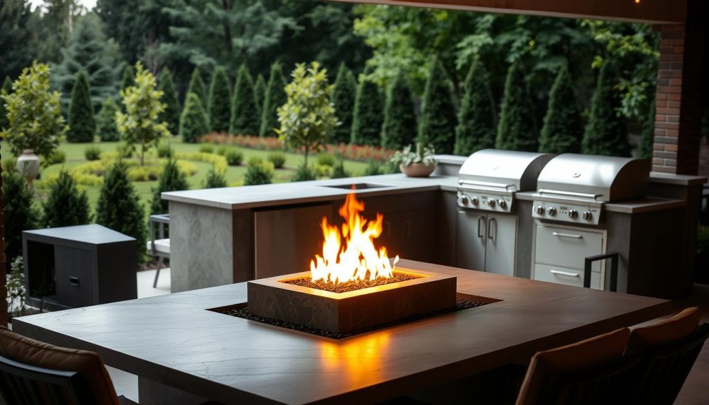 An outdoor kitchen design with a modern fire pit as the focal point. The fire pit is surrounded by stone countertops and a sleek, minimalist seating area. The kitchen features high-end appliances, including a grill and a prep station. The entire scene is bathed in warm, vibrant light from the fire pit, creating a cozy and inviting atmosphere. The background is a lush, green garden with carefully manicured plants and trees. The image is captured from a slightly elevated angle, showcasing the seamless integration of the fire pit into the overall outdoor kitchen design.