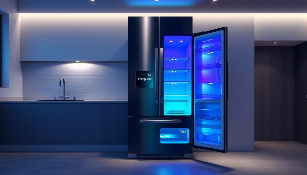 An ultra-modern, energy-efficient refrigerator stands in a sleek, minimalist kitchen. Bold, vibrant hues of blue, green, and purple radiate from the interior, highlighting the refrigerator's advanced features. Elegant stainless steel doors, Energy Star certification, and advanced insulation are visible, emphasizing its eco-friendly design. Soft, diffused lighting casts an atmospheric glow, accentuating the refrigerator's clean lines and high-tech appearance. In the foreground, a digital display showcases energy-saving settings and smart home integration, while the background features a tiled backsplash and subtle shadows, creating depth and a sense of sophistication. An ultra-modern, energy-efficient refrigerator stands in a sleek, minimalist kitchen. Bold, vibrant hues of blue, green, and purple radiate from the interior, highlighting the refrigerator's advanced features. Elegant stainless steel doors, Energy Star certification, and advanced insulation are visible, emphasizing its eco-friendly design. Soft, diffused lighting casts an atmospheric glow, accentuating the refrigerator's clean lines and high-tech appearance. In the foreground, a digital display showcases energy-saving settings and smart home integration, while the background features a tiled backsplash and subtle shadows, creating depth and a sense of sophistication.
