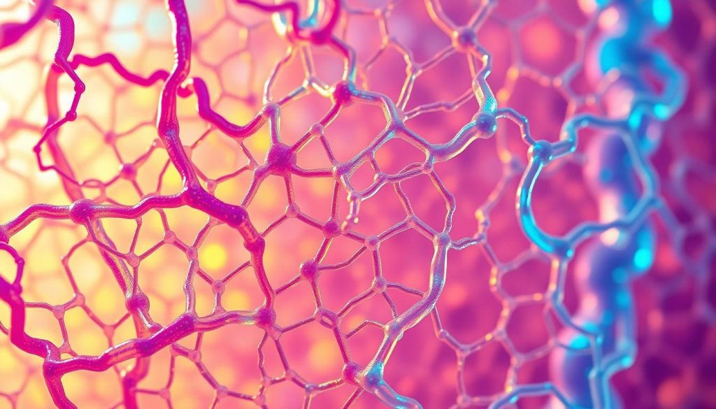 Collagen gelatin structure: a vibrant, dynamic intersection of molecular chains and interconnected networks. In the foreground, a kaleidoscope of vivid hues showcases the intricate web of gelatin fibers, their intricate lattice casting captivating shadows. The middle ground reveals the underlying collagen strands, their helical forms twisting and turning, creating a mesmerizing pattern. The background bathes in a soft, warm glow, highlighting the translucent, fluid-like nature of the gelatin. Captured through a macro lens, this image invites the viewer to explore the captivating world of the collagen-gelatin relationship, where function and form seamlessly intertwine.