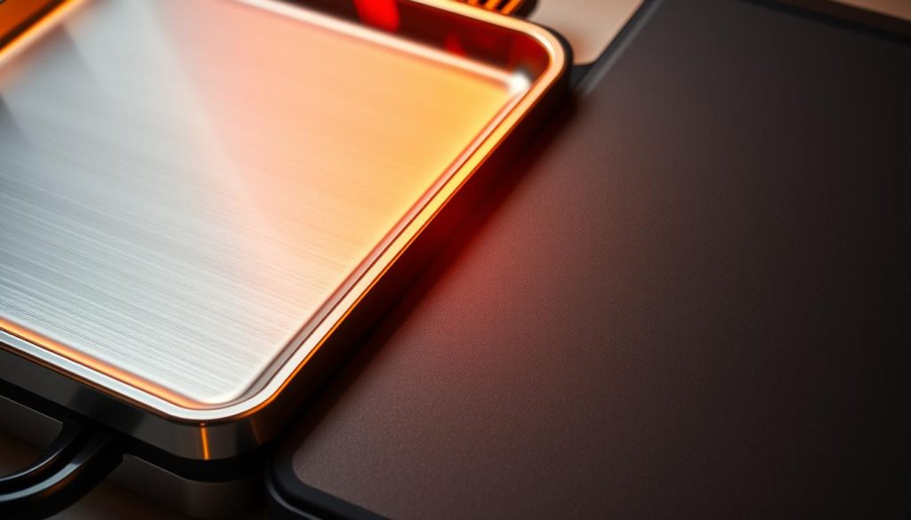 Crisp and contrasting electric griddle surfaces, a gleaming stainless steel griddle alongside a matte black non-stick model, both glistening under warm studio lighting. The stainless steel unit reflects the scene in its mirror-like finish, while the non-stick surface has a subtly textured appearance. The griddles are arranged diagonally, creating visual tension and a sense of comparison. Vibrant hues of red, orange, and yellow dance across the surfaces, evoking the energy of a lively breakfast. The overall composition highlights the distinct properties and performance of these two popular griddle types.