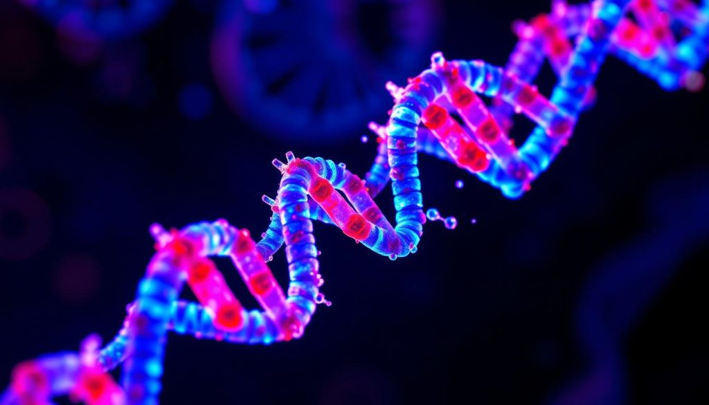 DNA strands illuminated by intense UV-C light, their molecular structure contorted and fragmented, with a vibrant color palette of blues, purples, and reds depicting the damaging effects. A close-up, detailed view showcases the intricate helix disruption, highlighting the mechanisms of microbial inactivation. The scene is captured with a sharp, high-resolution lens, conveying a sense of scientific observation and study. The overall mood is one of scientific curiosity and the revelation of the unseen forces that shape the microbial world.