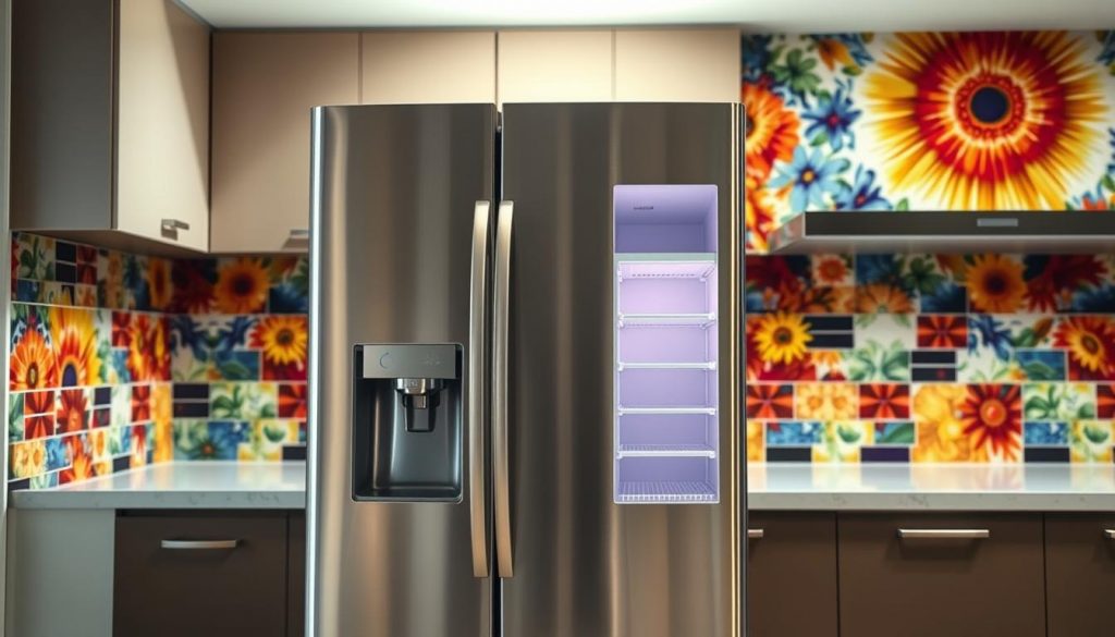 Detailed image of a modern residential kitchen showcasing the proper installation of an energy-efficient refrigerator. In the foreground, a sleek stainless steel refrigerator is positioned flush against the cabinetry, with meticulous attention to gaps and seals. The middle ground features an exposed side panel, revealing the internal components and insulation for maximum thermal efficiency. The background blends vibrant, exploding colors of the kitchen tiles and countertops, creating a dynamic and visually striking environment. Dramatic lighting from above casts dramatic shadows, emphasizing the clean lines and precise installation. The overall scene conveys a sense of order, function, and a commitment to sustainable living. Detailed image of a modern residential kitchen showcasing the proper installation of an energy-efficient refrigerator. In the foreground, a sleek stainless steel refrigerator is positioned flush against the cabinetry, with meticulous attention to gaps and seals. The middle ground features an exposed side panel, revealing the internal components and insulation for maximum thermal efficiency. The background blends vibrant, exploding colors of the kitchen tiles and countertops, creating a dynamic and visually striking environment. Dramatic lighting from above casts dramatic shadows, emphasizing the clean lines and precise installation. The overall scene conveys a sense of order, function, and a commitment to sustainable living.